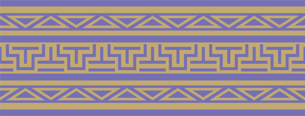 A seamless, gold and blue horizontal vector ethnic ornament in a Latin American style. An violet abstract Brazilian style border featuring crisp geometric lines and a symmetrical pattern. © Ana Lo