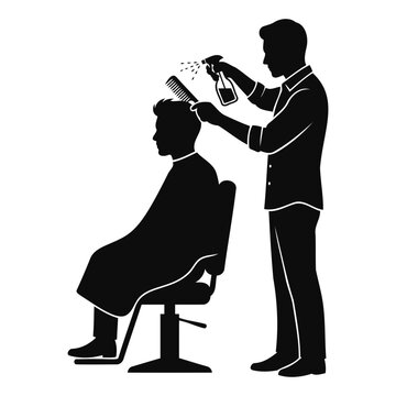 Barber spraying water and combing hair of male customer in salon chair silhouette illustration