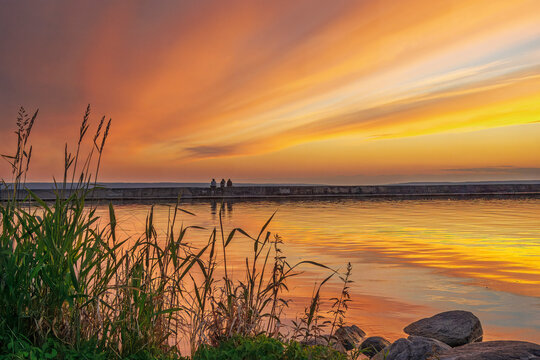 Vibrant Evening Sky Over Calm Lake with Shoreline Grasses and Reflections
