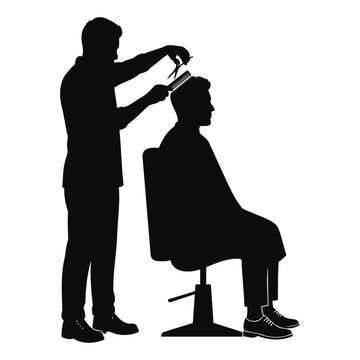 Silhouette of a professional barber cutting hair of a male customer in a salon chair