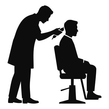 Barber cutting hair of a male client sitting in a chair silhouette illustration
