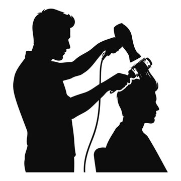 Male hairstylist styling hair of male client with blow dryer and brush silhouette illustration