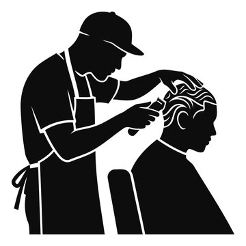 Male barber in apron trimming customer hair with electric clippers silhouette illustration.