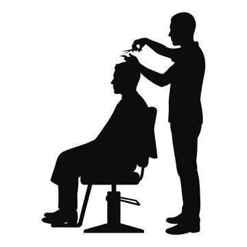 Silhouette of a barber cutting hair for a man in a salon chair
