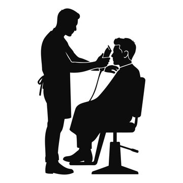 Barber cutting male customer hair with electric clipper in salon chair silhouette illustration