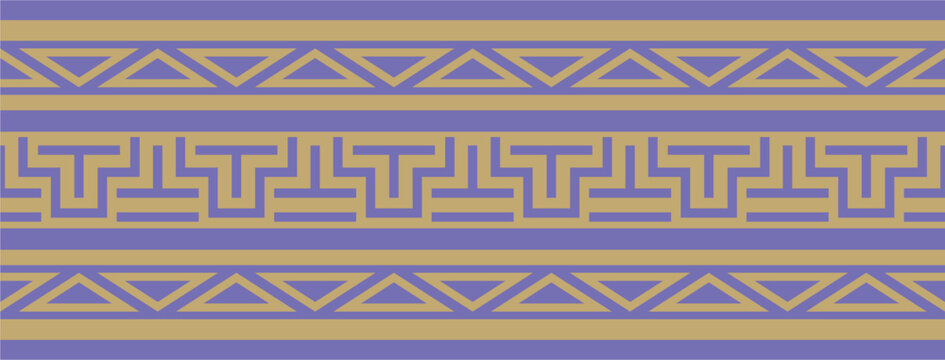 A seamless, gold and blue horizontal vector ethnic ornament in a Latin American style. An violet abstract Brazilian style border featuring crisp geometric lines and a symmetrical pattern.