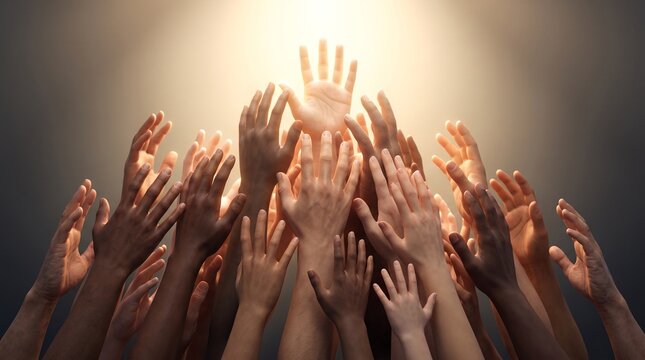Hands Reaching for Light: A multitude of diverse hands are raised upwards towards a radiant beam of light, symbolizing hope, aspiration, and a collective search for guidance.