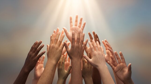 Reaching for the Light: A multitude of diverse hands rise towards a divine beam of light, symbolizing hope, aspiration, and collective aspiration. A powerful depiction of unity and shared dreams.
