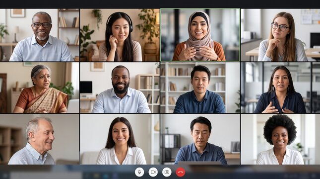 Global Virtual Meeting: A collage of diverse individuals engaging in a professional video conference, showcasing a modern approach to remote collaboration and communication.