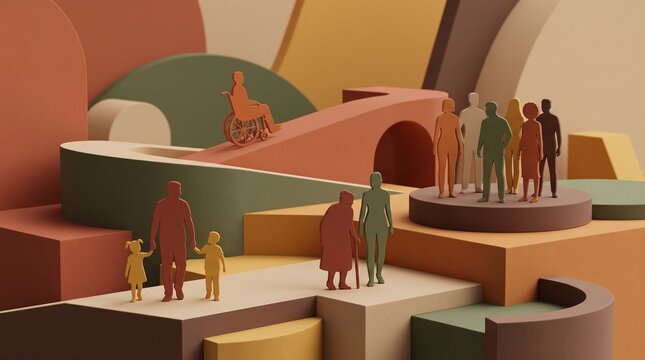 Diverse Community Representation: An abstract representation of a diverse community, featuring figures of varying ages and abilities, interconnected through abstract architectural forms.