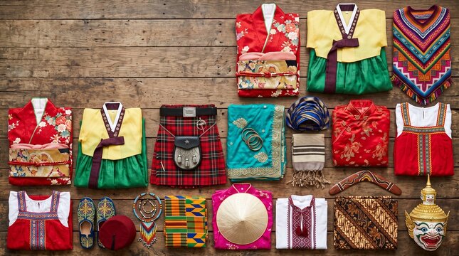 Global Threads: An eclectic collection of traditional clothing and artifacts from diverse cultures, laid out on a rustic wooden surface, showcasing a rich tapestry of heritage and identity.