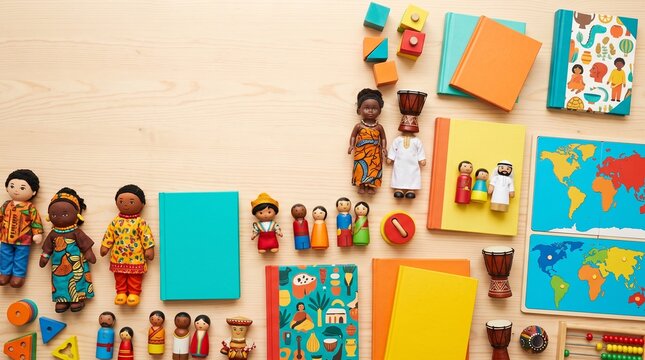 Diverse Culture and Learning Materials: A vibrant collection of educational toys, books, and cultural artifacts representing global diversity, laid out on a light wooden surface.