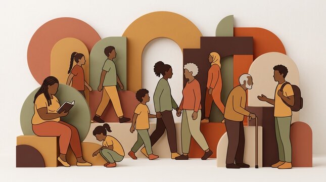 Community Mosaic: A vibrant illustration depicting a diverse group of people of all ages and backgrounds interacting harmoniously amidst abstract architectural elements.