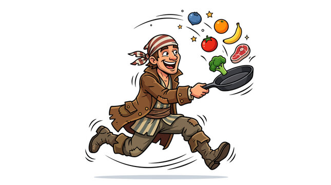 Happy Pirate Running with Frying Pan and Healthy Food Ingredients