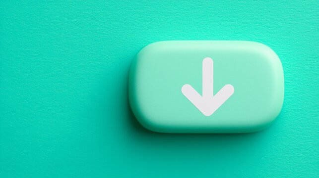 Minimal download button with a white down arrow icon. User interface symbol for saving data on a teal surface with room for text