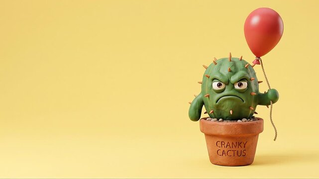 Seamless loop 3D animation of grumpy cranky cactus holding a red balloon with copy space