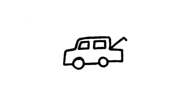 Animated car trunk boot open doodle icon. Features 4K frame by frame boiling line animation on black and green screen backgrounds for tailgate alert, tailgate open, and luggage compartment.