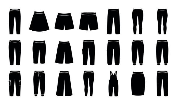 Sportswear and casualwear vector icons with shorts skirt and pants for mobile app design in solid glyph style
