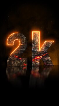 Vertical cinematic 3D 2K milestone title reveal carved from volcanic rock with glowing lava cracks, drifting smoke and embers, celebrating followers and subscribers
