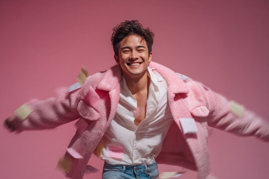 Joyful young man wearing a trendy pink coat with a playful attitude smiling against a solid pastel background showcasing confidence and style. Generative AI