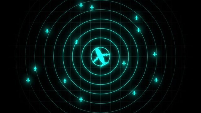 Futuristic Glowing Air Traffic Control Radar, A High-tech Digital Radar Interface, Multiple Airplane Icons Scanning Surrounding Flights, Simulating Flight Tracking And Air Traffic Control Scanning.