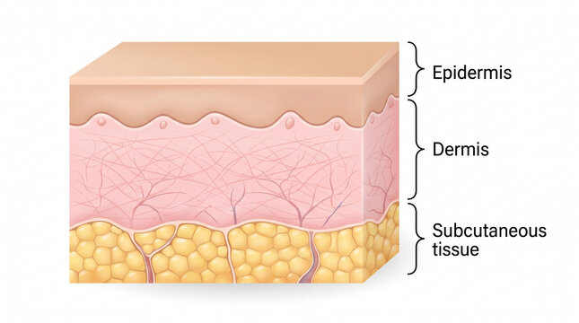 Cross-section medical illustration of human skin structure and tissue layers