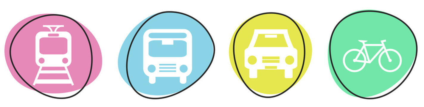 Button Banner Set mit 4 bunten Buttons: Verkehrsmittel Zug, Bus, Auto und Fahrrad