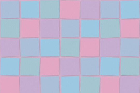 A grid of pastel sticky note squares in pink, blue, and lavender creates a soft, playful backdrop with subtle texture and clean copy space for design layouts.