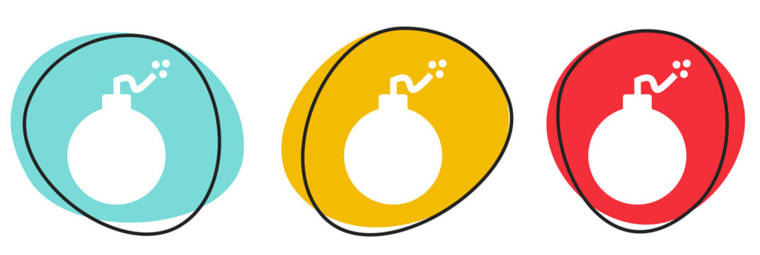Button Banner Set mit 3 bunten Buttons: Bombe oder B&ouml;ller Symbol