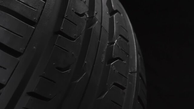 Car Wheel With Large Tread. The car wheel slowly rotates in front of the camera, which is located at the lowest point, under the wheel