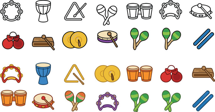 Percussion Instruments Collection with Tambourines Drums Maracas and Cymbals Vector Illustration