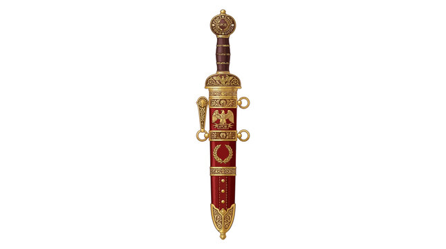 Roman Pugio dagger in ornate red and gold scabbard
