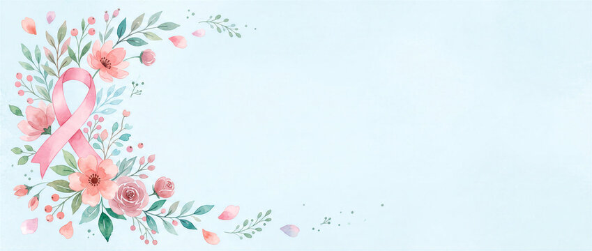 Watercolor pink awareness ribbon surrounded by flowers on a pale blue background. Breast Cancer Awareness Month banner with copy space.