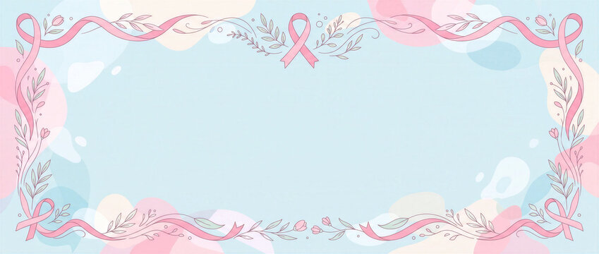Pink awareness ribbons and botanical line art forming a decorative blue frame. Breast Cancer Awareness Month banner with central copy space.