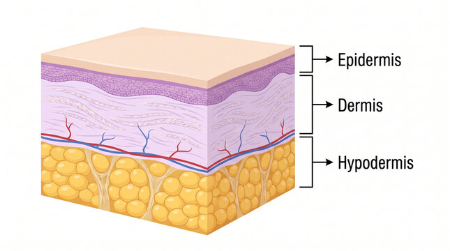 Cross section view of human skin layers showing epidermis dermis and hypodermis