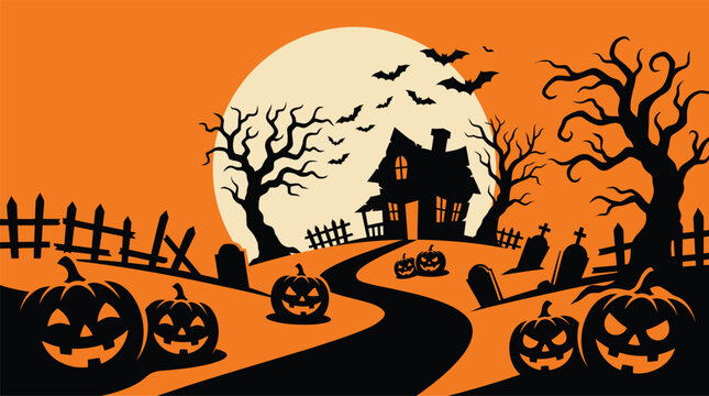 A spooky halloween background vector illustration featuring a haunted house pumpkins a full moon and a creepy graveyard at night time