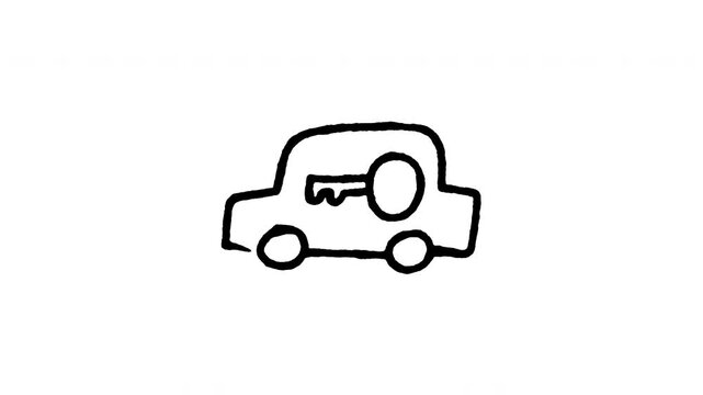 Animated 4K key inside car indicator doodle icon with line boil effect. Hand drawn line art on black and green screen backgrounds for keyless fob alert, immobilizer status, and dashboard warning.
