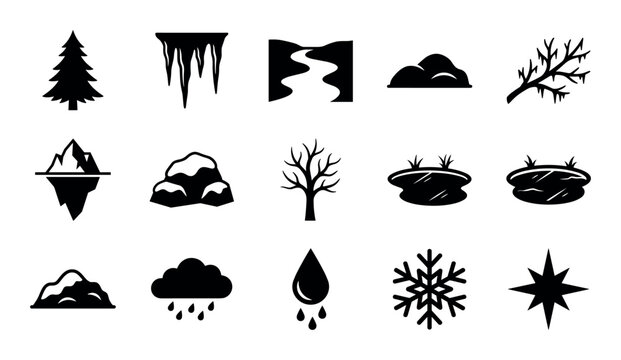 Nature and weather concept icons with tree, icicle and snowflake for infographic design in solid glyph style