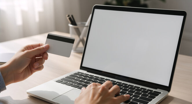 Person making an online payment with a credit card and laptop. E-commerce and internet shopping concept. Blank white computer screen for mockup