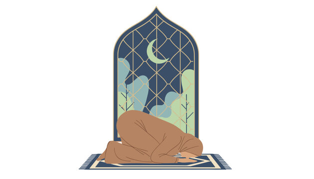 Muslim woman in hijab prostrating in deep prayer on a rug in front of an arched window under the crescent moon.