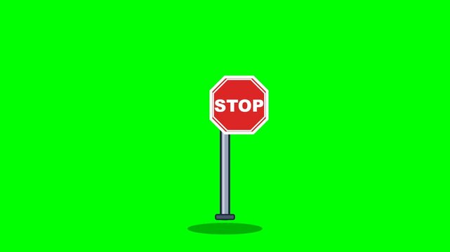 Animated Stop Sign Jumping on Green Screen Background.