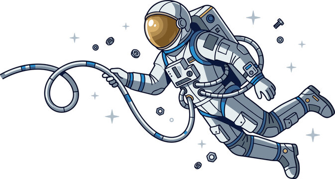 Astronaut Floating in Outer Space Vector Illustration with Golden Visor Helmet and Curved Umbilical Cord Cable for Cosmic Sci Fi Graphic Designs
