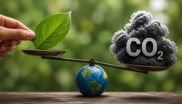 Hand balancing green leaf against carbon dioxide smoke on a scale over Earth for environmental balance