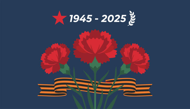 Russian Victory Day banner featuring red carnation flowers, St. Georges ribbon, and a star commemorating 1945 to 2025.