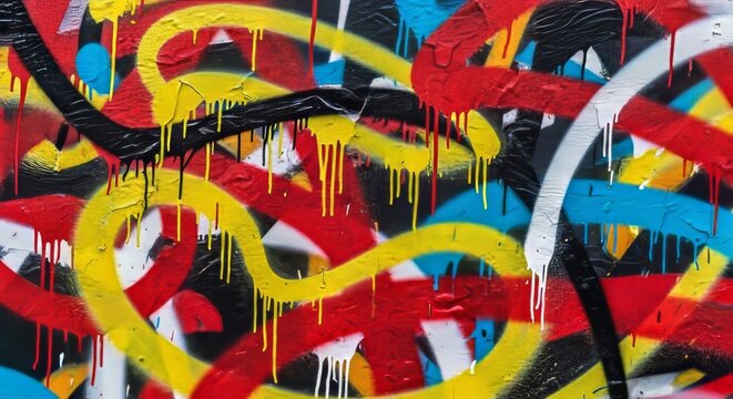 A high contrast vibrant street art wall featuring layered spray paint with a subtle crackle effect and gritty urban details
