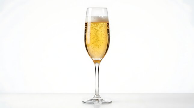 A glass of sparkling wine or champagne with bubbles and foam isolated on white background