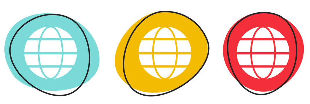Button Banner Set mit 3 bunten Buttons: Kugel, Erde oder Internet