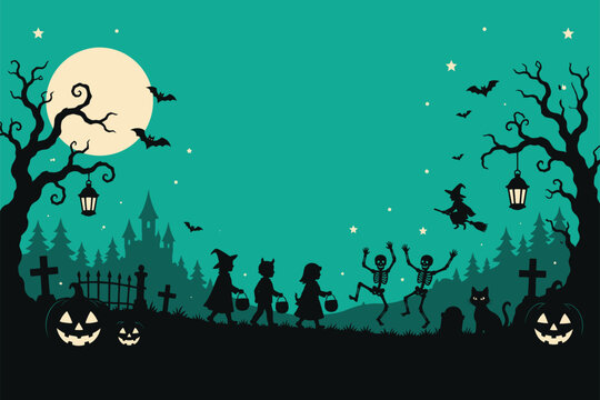 Spooky halloween background vector illustration featuring silhouettes of dancing skeletons witches and jack o lanterns under a full moon in a graveyard