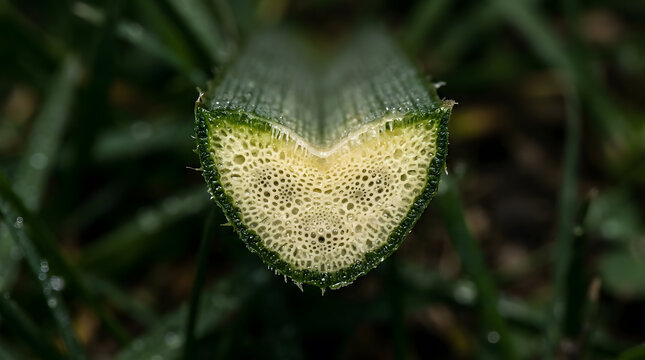 Macro cross section of green plant stem | Heart shaped internal plant structure | Microscopic view of vascular bundles | Botanical cellular texture close up | Organic heart shape in nature