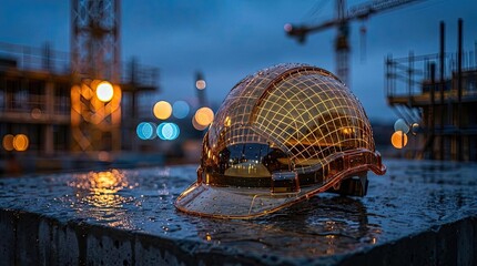 Obraz premium High-tech construction helmet with digital grid overlay.